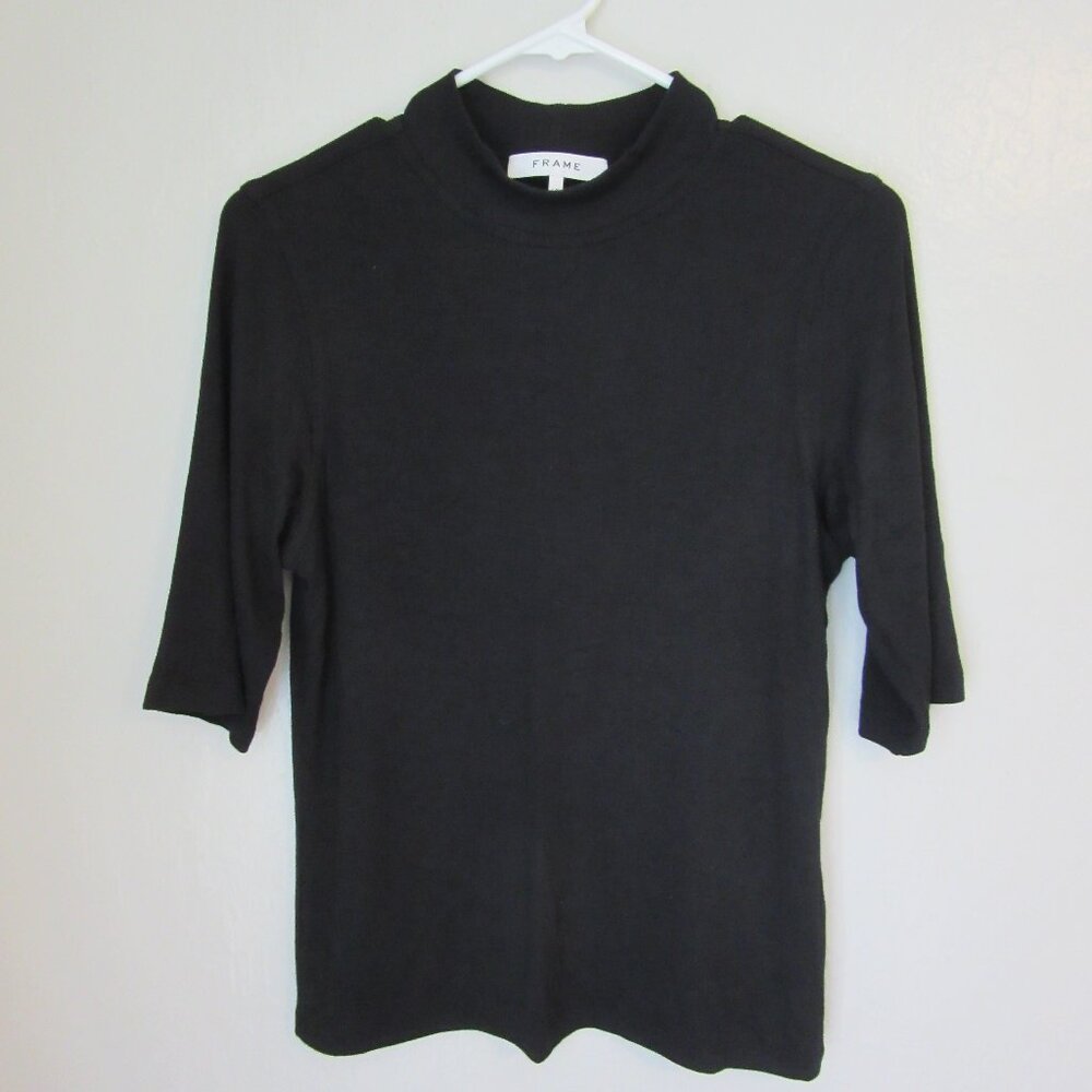FRAME Black Mock Neck 3/4 Sleeve Size L Pullover Ribbed Top